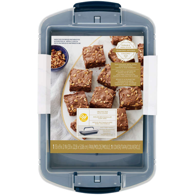 Diamond-Infused Non-Stick Navy Blue Oblong Pan with Cover, 9 x 13-inch image number 1