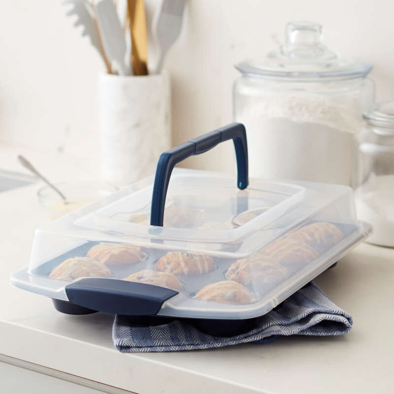 Diamond-Infused Non-Stick Navy Blue Muffin and Cupcake Pan, 12-Cup image number 5