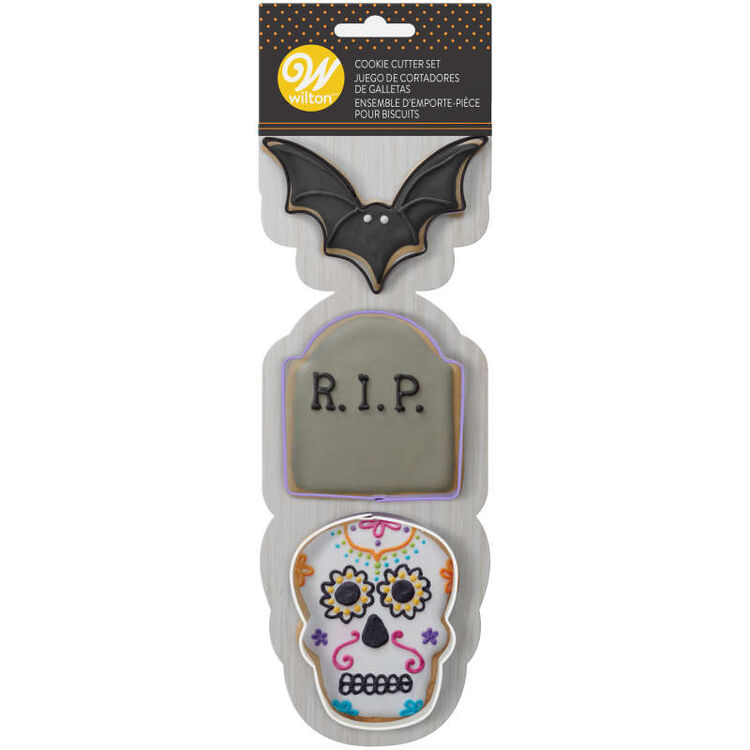 Bat, Tombstone and Skull Halloween Cookie Cutter Set, 3-Piece